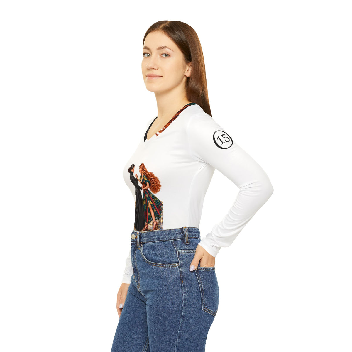Spiritual Israel Women’s V‑Neck Long Sleeve Shirt — Inspirational Two Women Illustration with Scripture Back Panel