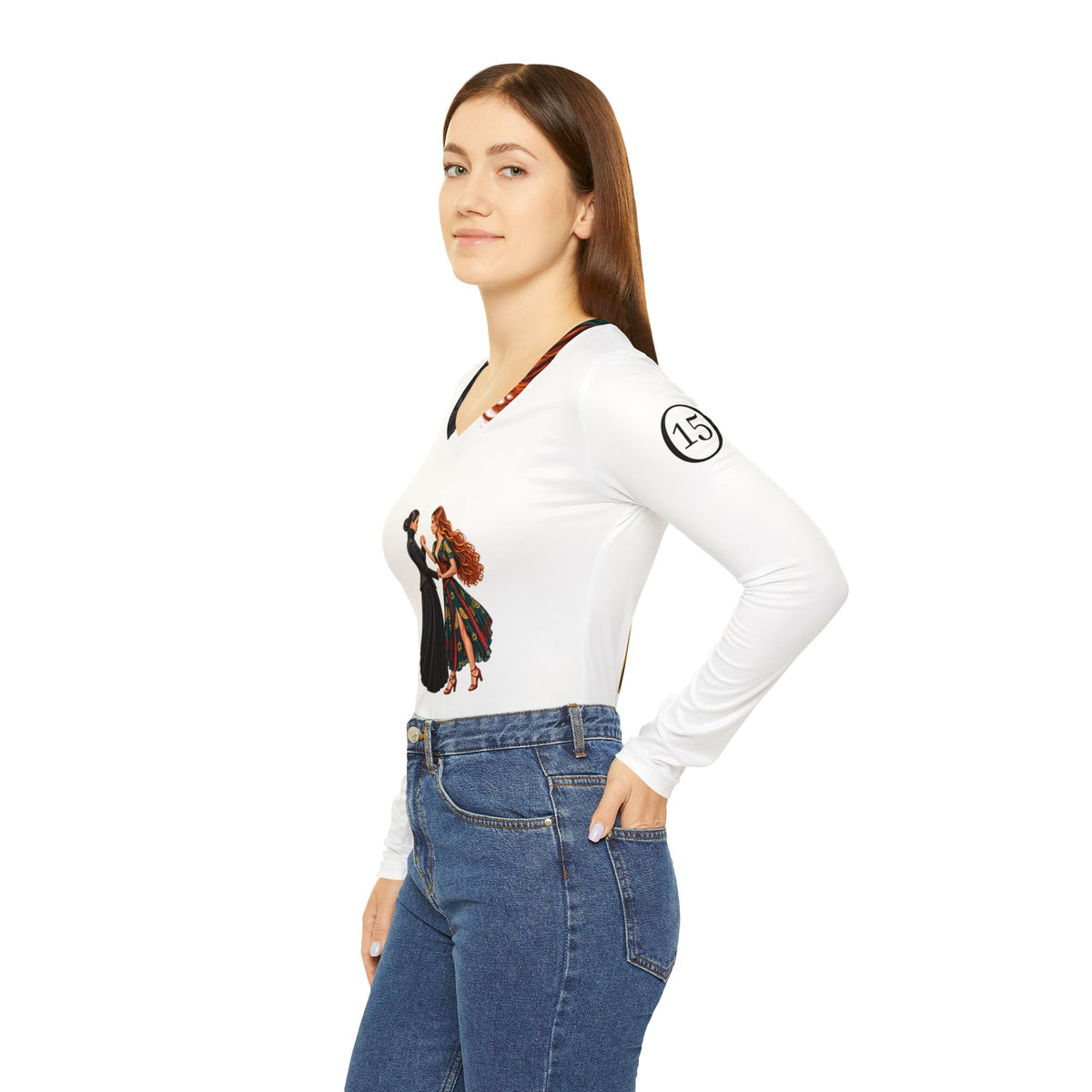 Spiritual Israel Women’s V‑Neck Long Sleeve Shirt — Inspirational Two Women Illustration with Scripture Back Panel