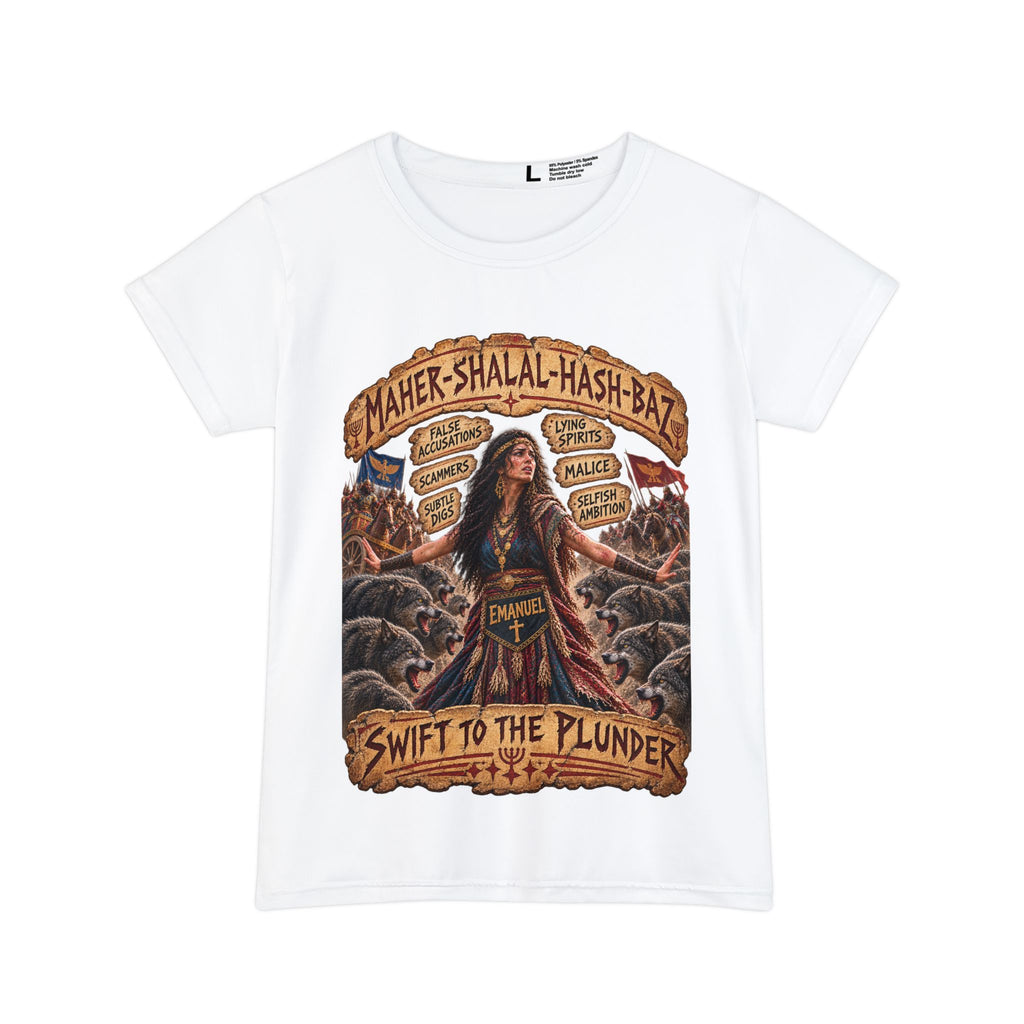 Isaiah 8 Prophecy. Maher-Shalal-Hash-Baz Graphic Tee — "Swift to the Plunder" Emmanuel Women’s Shirt