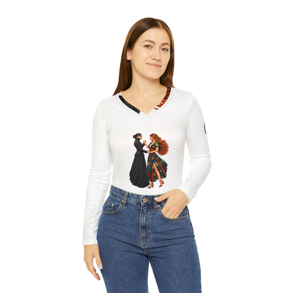 Spiritual Israel Women’s V‑Neck Long Sleeve Shirt — Inspirational Two Women Illustration with Scripture Back Panel