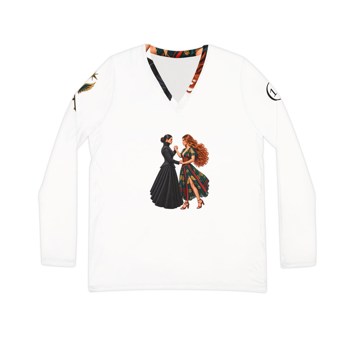 Spiritual Israel Women’s V‑Neck Long Sleeve Shirt — Inspirational Two Women Illustration with Scripture Back Panel