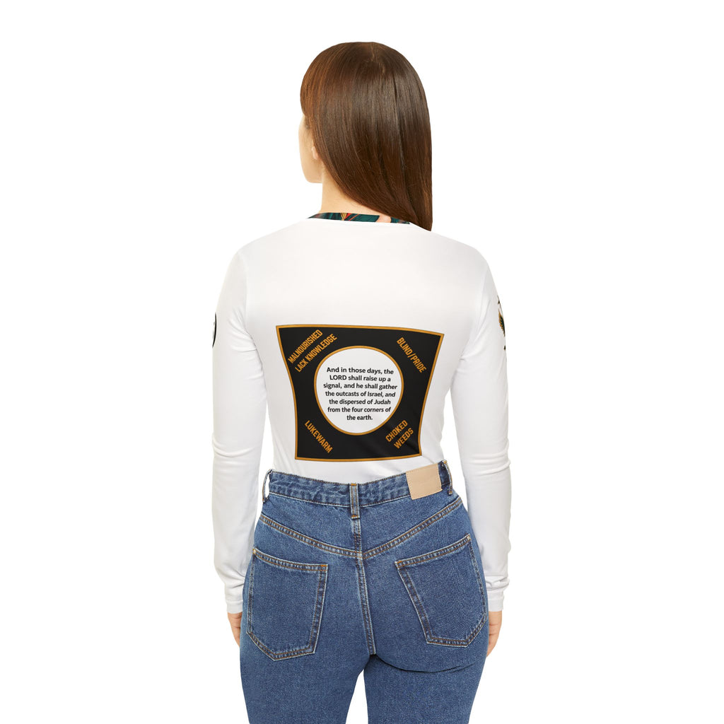 Spiritual Israel Women’s V‑Neck Long Sleeve Shirt — Inspirational Two Women Illustration with Scripture Back Panel