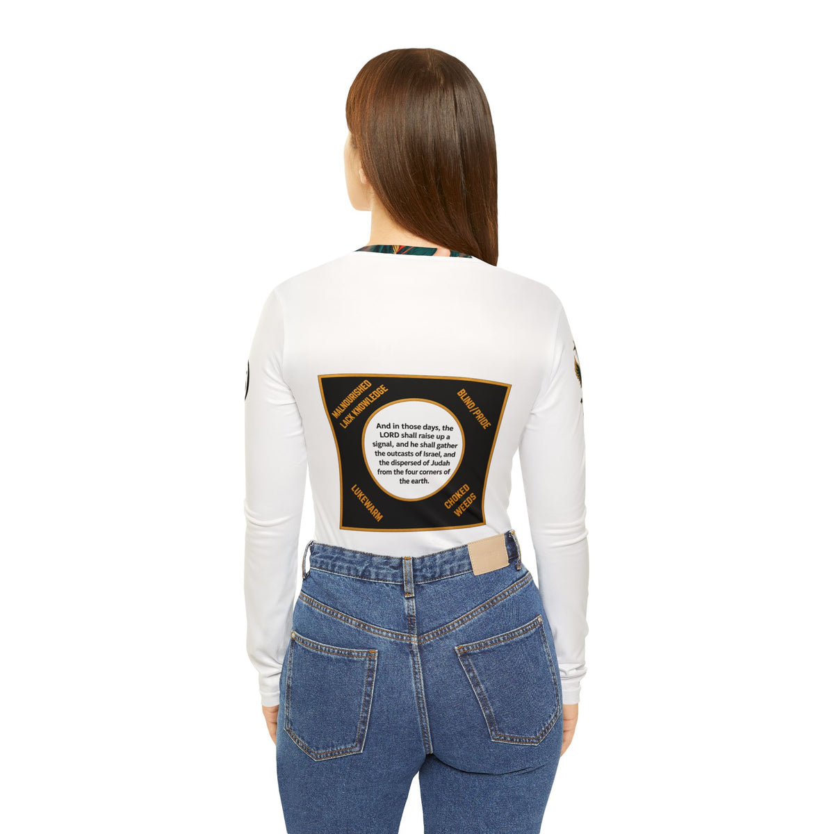 Spiritual Israel Women’s V‑Neck Long Sleeve Shirt — Inspirational Two Women Illustration with Scripture Back Panel
