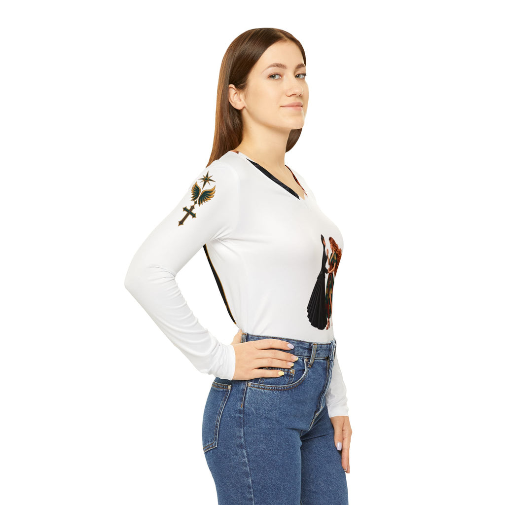 Spiritual Israel Women’s V‑Neck Long Sleeve Shirt — Inspirational Two Women Illustration with Scripture Back Panel
