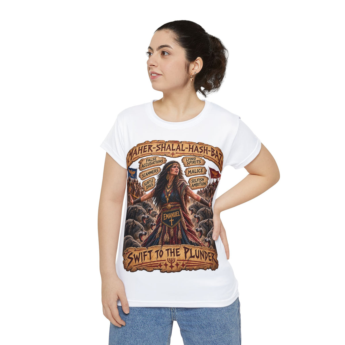 Isaiah 8 Prophecy. Maher-Shalal-Hash-Baz Graphic Tee — "Swift to the Plunder" Emmanuel Women’s Shirt