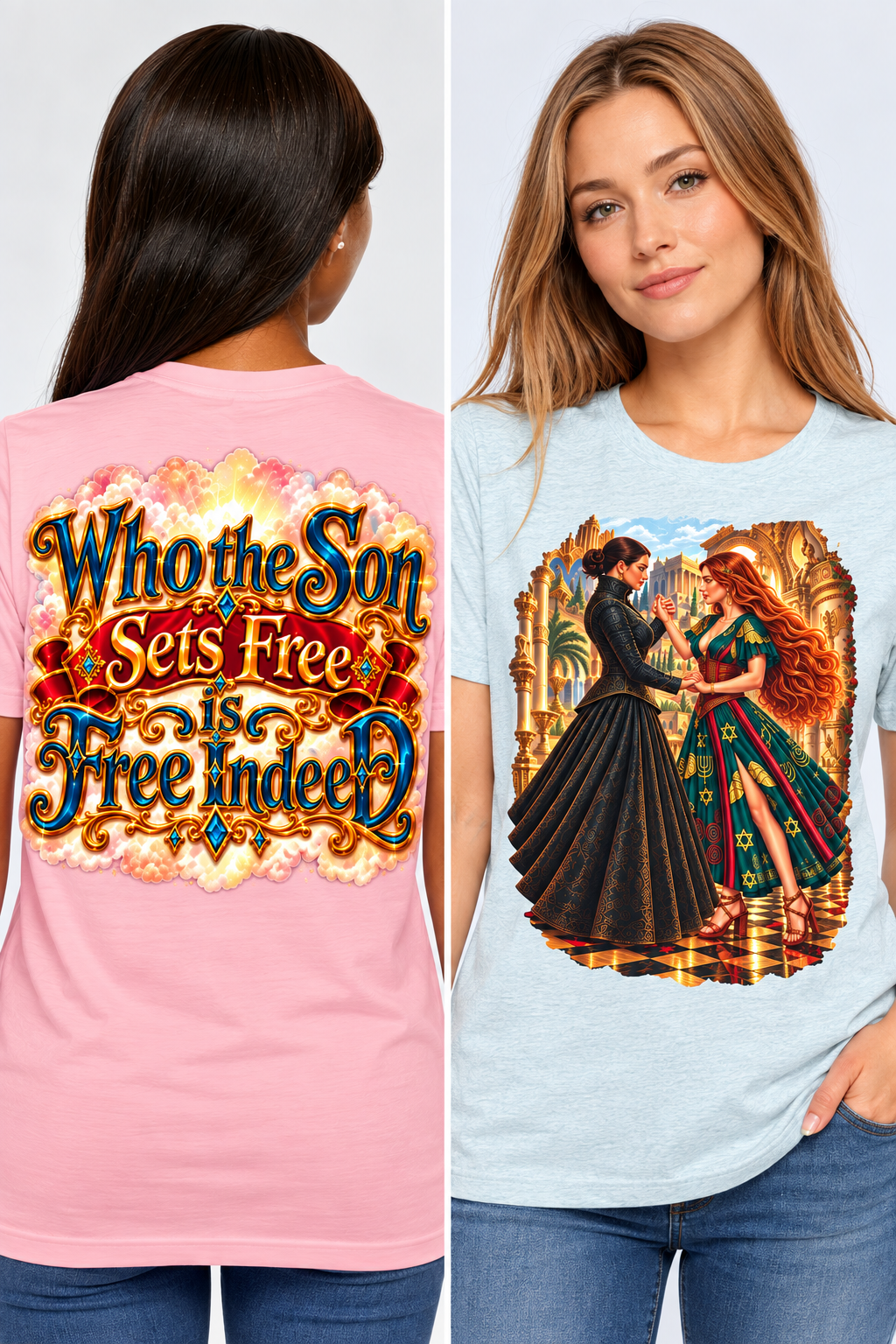 True Identity Dance; Spiritual Israel; Who the Son Sets Free; Temple Jerusalem; Fantasy Illustration T-Shirt | Back Scripture Typography