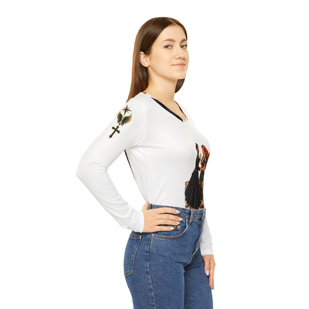 Spiritual Israel Women’s V‑Neck Long Sleeve Shirt — Inspirational Two Women Illustration with Scripture Back Panel