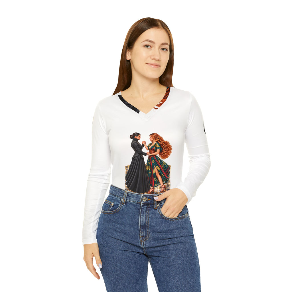 Spiritual Israel Women’s V‑Neck Long Sleeve Shirt — Inspirational Two Women Illustration with Scripture Back Panel