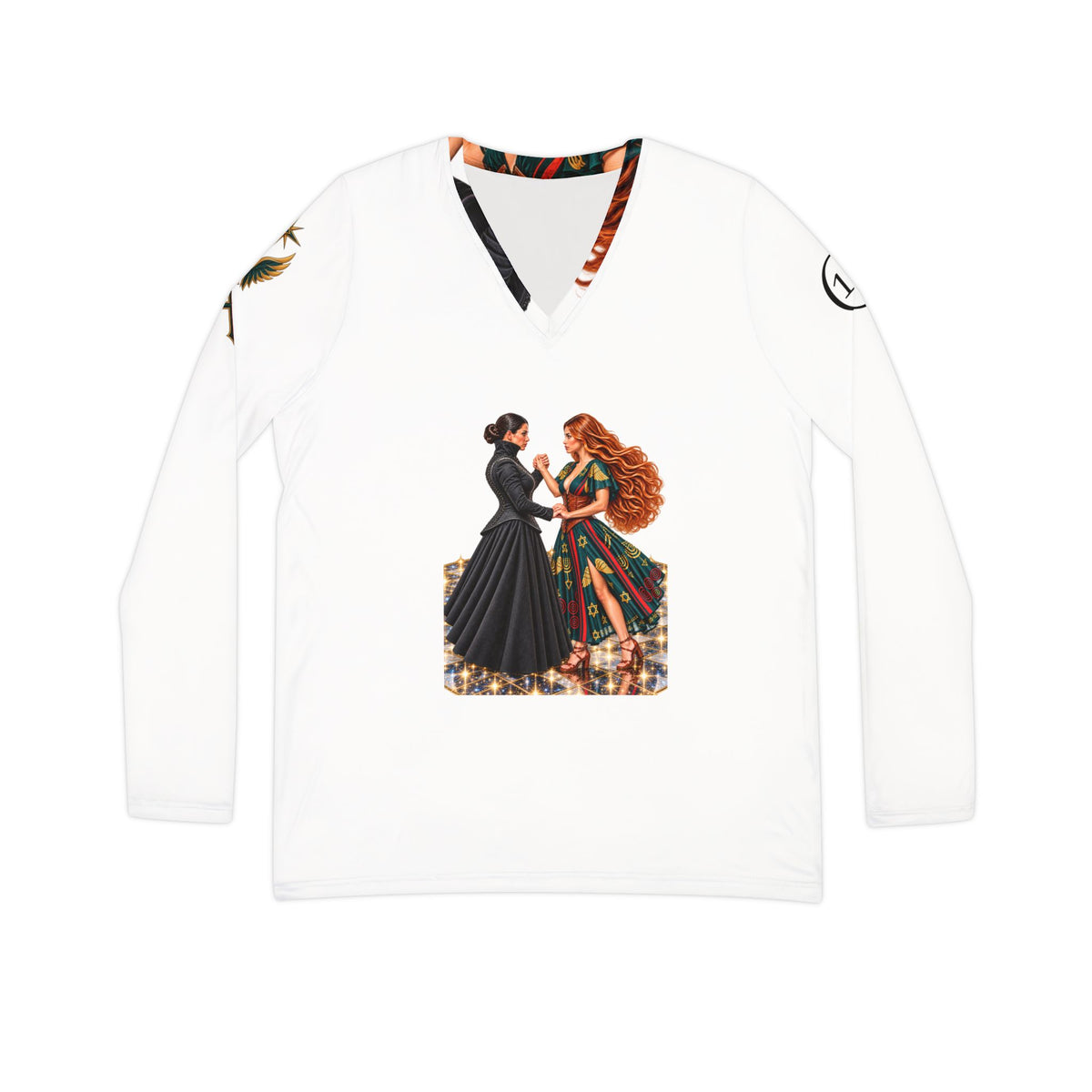 Spiritual Israel Women’s V‑Neck Long Sleeve Shirt — Inspirational Two Women Illustration with Scripture Back Panel