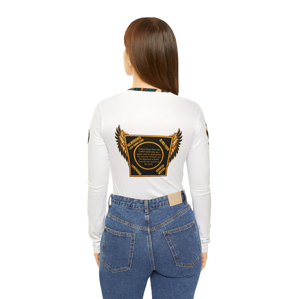 Spiritual Israel Women’s V‑Neck Long Sleeve Shirt — Inspirational Two Women Illustration with Scripture Back Panel