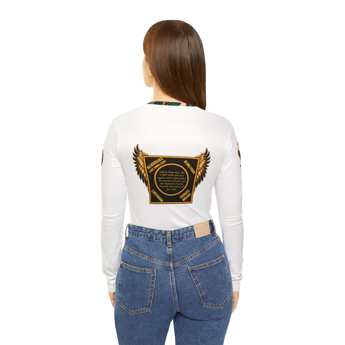 Spiritual Israel Women’s V‑Neck Long Sleeve Shirt — Inspirational Two Women Illustration with Scripture Back Panel